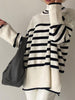 Striped Winter Pullover Women Casual Side Split Knitted Sweater Turtleneck Oversize Long Sleeve Knitwear Loose Jumper