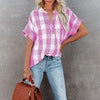 Striped Women Blouse Summer Elegant V-Neck T-Shirt Short Sleeve Casual Loose Tops Female Vintage Plaid Tshirt Streetwear