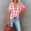 Striped Women Blouse Summer Elegant V-Neck T-Shirt Short Sleeve Casual Loose Tops Female Vintage Plaid Tshirt Streetwear