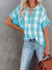 Striped Women Blouse Summer Elegant V-Neck T-Shirt Short Sleeve Casual Loose Tops Female Vintage Plaid Tshirt Streetwear
