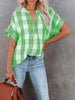 Striped Women Blouse Summer Elegant V-Neck T-Shirt Short Sleeve Casual Loose Tops Female Vintage Plaid Tshirt Streetwear