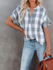 Striped Women Blouse Summer Elegant V-Neck T-Shirt Short Sleeve Casual Loose Tops Female Vintage Plaid Tshirt Streetwear