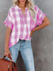 Striped Women Blouse Summer Elegant V-Neck T-Shirt Short Sleeve Casual Loose Tops Female Vintage Plaid Tshirt Streetwear