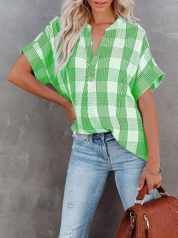 Striped Women Blouse Summer Elegant V-Neck T-Shirt Short Sleeve Casual Loose Tops Female Vintage Plaid Tshirt Streetwear
