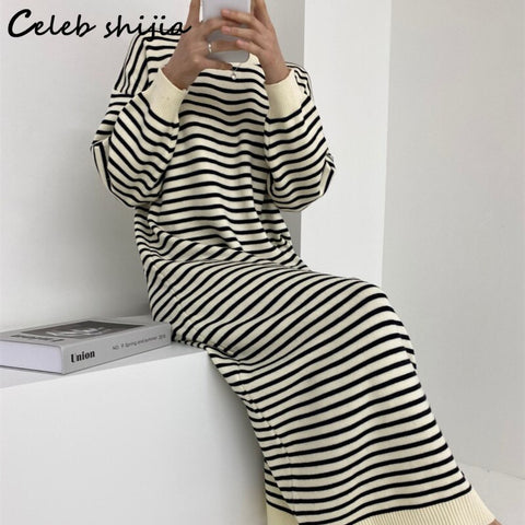 Striped Wool Maxi Dress Woman Autumn 2022 O-Neck Loose Knitted Bodycon Dress Korean Long Sweater Winter Woman Clothing Black