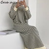 Striped Wool Maxi Dress Woman Autumn 2022 O-Neck Loose Knitted Bodycon Dress Korean Long Sweater Winter Woman Clothing Black