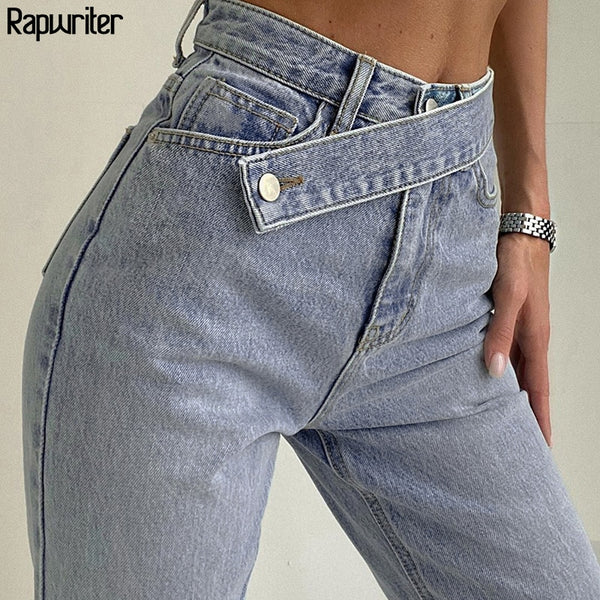 Stylish Blue High Waist Belt Mom Jeans Women 2022 Autumn Full Length Wide Denim Pants Harajuku Straight Trouser Streetwear