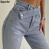 Stylish Blue High Waist Belt Mom Jeans Women 2022 Autumn Full Length Wide Denim Pants Harajuku Straight Trouser Streetwear