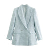 Stylish Chic Blue Tweed Jacket Women 2023 Turn-down Collar Double Breasted Pockets Coat Female Casual Outerwear