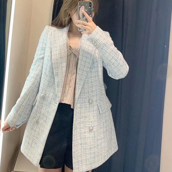Stylish Chic Blue Tweed Jacket Women 2023 Turn-down Collar Double Breasted Pockets Coat Female Casual Outerwear