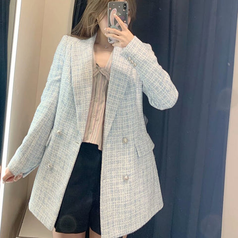 Stylish Chic Blue Tweed Jacket Women 2023 Turn-down Collar Double Breasted Pockets Coat Female Casual Outerwear
