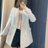 Stylish Chic Blue Tweed Jacket Women 2023 Turn-down Collar Double Breasted Pockets Coat Female Casual Outerwear