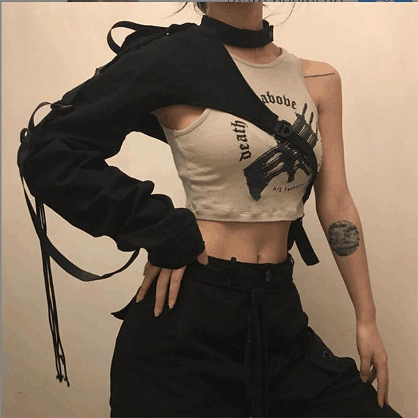 Stylish Drawstring Ribbons Long Sleeve One Shoulder Choker Hoodies 2023 Women Autumn Skew Collar Ultra Short Pullover Crop Tops