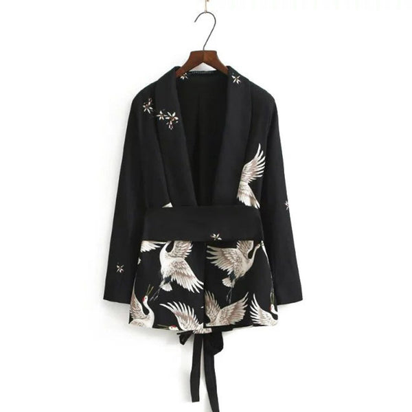 Stylish Floral Cranes Pattern Sashes Blazers Suit Slim Jacket Long Sleeve Outerwear  Women Cardigan Coat Tops Brand SY17-03-37