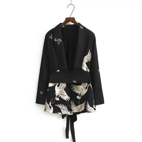 Stylish Floral Cranes Pattern Sashes Blazers Suit Slim Jacket Long Sleeve Outerwear  Women Cardigan Coat Tops Brand SY17-03-37