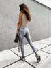 Stylish Gray Skinny Jeans Women Streetwear High Waist Ripped Holes Pencil Jeans Stretchable Female Jeans Summer Women Pants