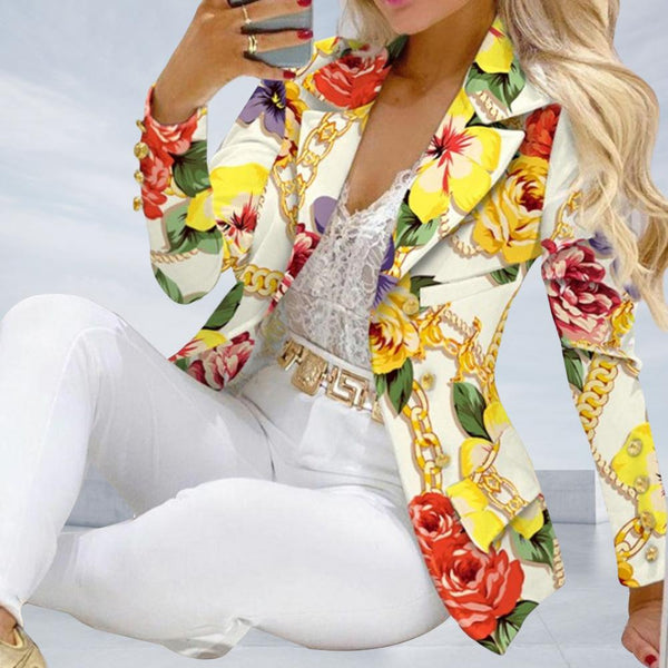 Stylish Metal Buttons Placket Printing Office Lady Suit Jacket Small Suit Coat Versatile  Regular Length