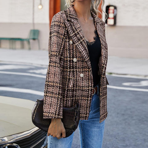 Stylish Office Ladies Blazer Plaid Print Versatile Office Lady Double Breasted Suit Jacket  Small Suit Coat    Suit Jacket