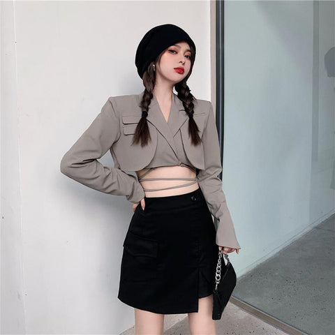 Stylish Short Pattern Crops Notched Collar Women Coat Skirt Suit Waist-exposed Spring Blazer Skirt Suit for Parties
