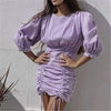 Stylish Violet Plaid Mini Dress O-neck Back Zipper Three Quarter Sleeve Female Casual Dresses Party Dress Chic Vestidos