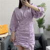Stylish Violet Plaid Mini Dress O-neck Back Zipper Three Quarter Sleeve Female Casual Dresses Party Dress Chic Vestidos