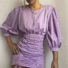 Stylish Violet Plaid Mini Dress O-neck Back Zipper Three Quarter Sleeve Female Casual Dresses Party Dress Chic Vestidos