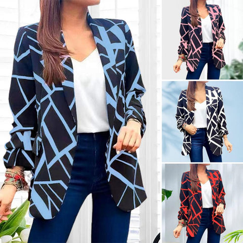 Stylish Women Spring Lapel Casual Blazer Top Washable Women Blazer Geometric Line Print Lapel Blazer Streetwear