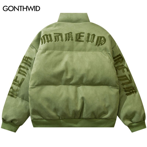 Suede Leather Jacket Winter Parkas Streetwear Vintage Embroidery Letter Thicken Warm Bubble Padded Coats Harajuku Puffer Jackets