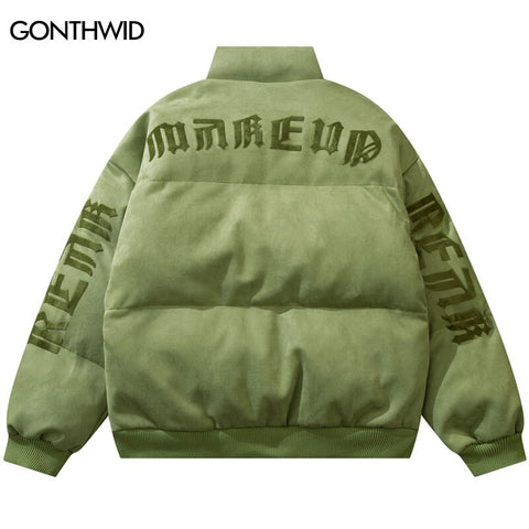 Suede Leather Jacket Winter Parkas Streetwear Vintage Embroidery Letter Thicken Warm Bubble Padded Coats Harajuku Puffer Jackets