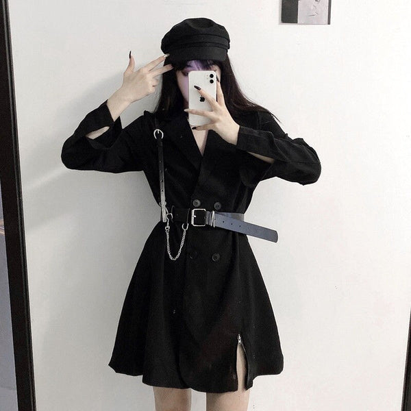 Suit Blazer Top Women Black Tops Gothic Cardigan Jacket Elegant Stylish Jacket Double Breasted Coat Slim Office Lady Party Club