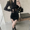 Suit Female 2023 Autumn Black Lace Hollow Suit Jacket + Black Sexy High Waist Bag Hip Skirt Two-piece Suit