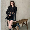 Suit Female 2023 Autumn Black Lace Hollow Suit Jacket + Black Sexy High Waist Bag Hip Skirt Two-piece Suit