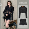 Suit Female 2023 Autumn Black Lace Hollow Suit Jacket + Black Sexy High Waist Bag Hip Skirt Two-piece Suit