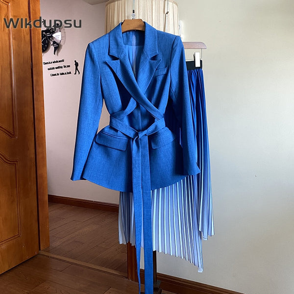Suit Jacket Long Pleated Skirt Set Womens Blazer Two Piece Suit Set Formal Office Lady Casual 2022 Autumn Winter Clothing Female