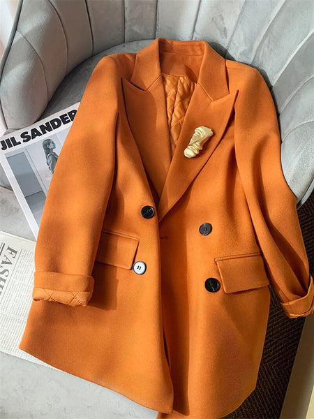 Suit Jacket Women's Thickened Autumn And Winter Orange Woolen Coat Loose Temperament Double Breasted Blazer h1988