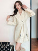 Suit Skirt Korea Chic Autumn Simple Trendy Women Lapel Tie Wide Loose Office Apricot Long-sleeved Suit Dress 2023