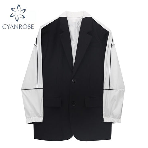 Suit Streak Splice Black Blazer Coat  Lapel Long Sleeve Pocket Coat Patchwork Jacket Autumn 2022 Korean Streetwear