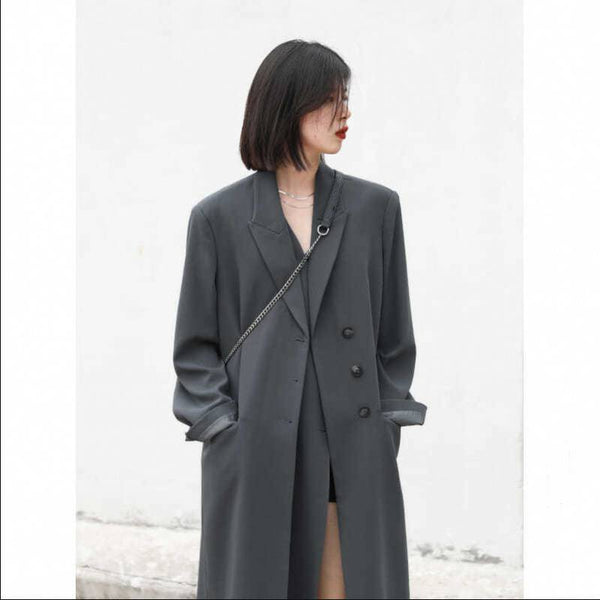 Suit coat female autumn winter heavy temperament double lapel long loose suit jacket over knee windbreaker female