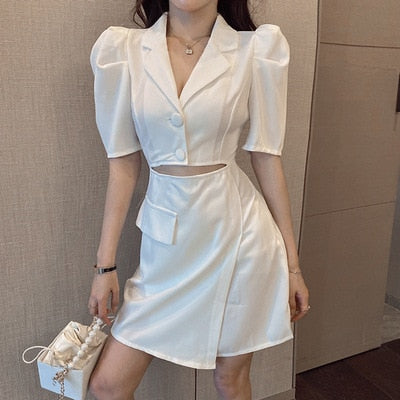 Suit dress female 2022 summer bubble short sleeve little black dress  elegant two piece  women dresses  Casual  Hollow Out