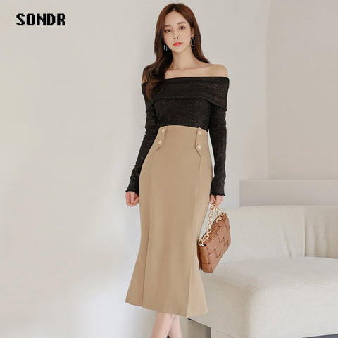 Suitable For Office Ladies Skirt Suit 2022 Spring Autumn Korean Slim One-Line Neck Slim Top + High Waist Mermaid Skirt Two-Piece
