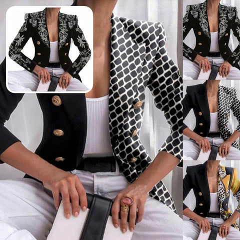 Suits Coat Geometry Print Short Lapel Double Breasted Turndown Collar Blazer