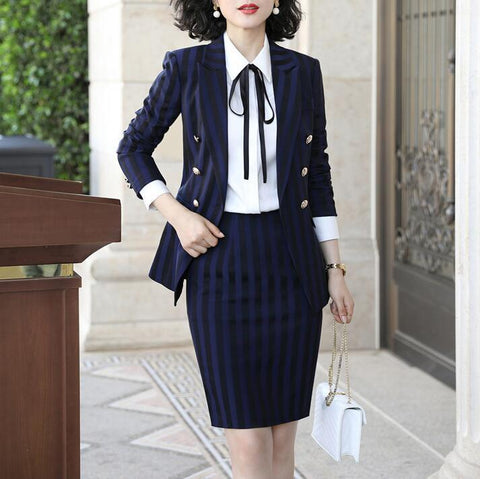 Suits Women Double Breasted Striped Designer Blazer Jacket Mini Skirt 2 Piece Set Business Formal Work Office Ladies Wear