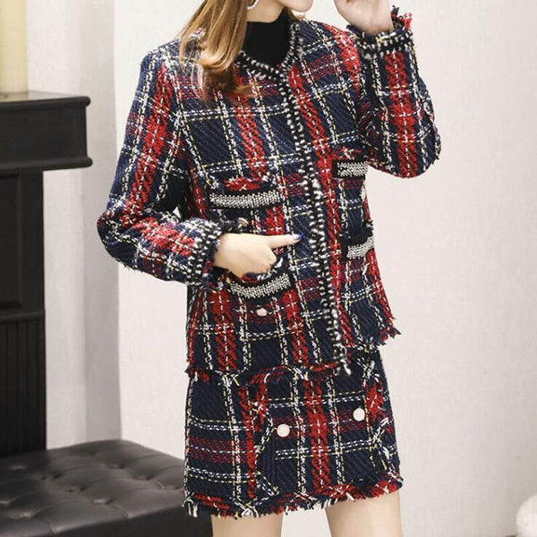 Suits Women Runway Designer Elegant Office Ladies Formal Tweed Wool Plaid Blazer Jacket Mini Skirt 2 Piece Set 2023 Winter