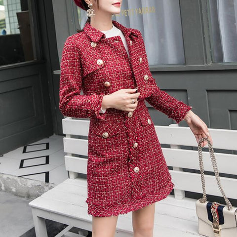 Suits Women Runway Designer Elegant Office Lady Formal Tweed Red Blazer Jacket Mini Skirt 2 Piece Sets 2022 Autumn Winter
