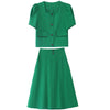 Summer 2-Piece Blazer Sets Square Collar Short Sleeve Cropped Blazer + High Waist A-Line Skirt Office Lady Casual Matching Set