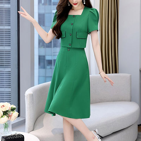 Summer 2-Piece Blazer Sets Square Collar Short Sleeve Cropped Blazer + High Waist A-Line Skirt Office Lady Casual Matching Set
