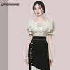 Summer 2 Pieces Set Women Dot Print Shirts Blouses And High Waist Patchwork Mermaid Skirts Korean Office Lady Suit