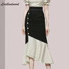 Summer 2 Pieces Set Women Dot Print Shirts Blouses And High Waist Patchwork Mermaid Skirts Korean Office Lady Suit