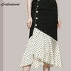 Summer 2 Pieces Set Women Dot Print Shirts Blouses And High Waist Patchwork Mermaid Skirts Korean Office Lady Suit