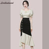 Summer 2 Pieces Set Women Dot Print Shirts Blouses And High Waist Patchwork Mermaid Skirts Korean Office Lady Suit